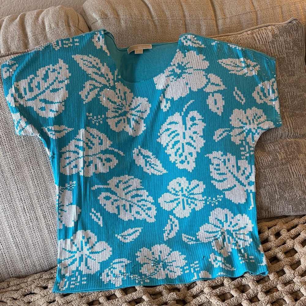 Michael Kors Blue and White Floral Blouse like new